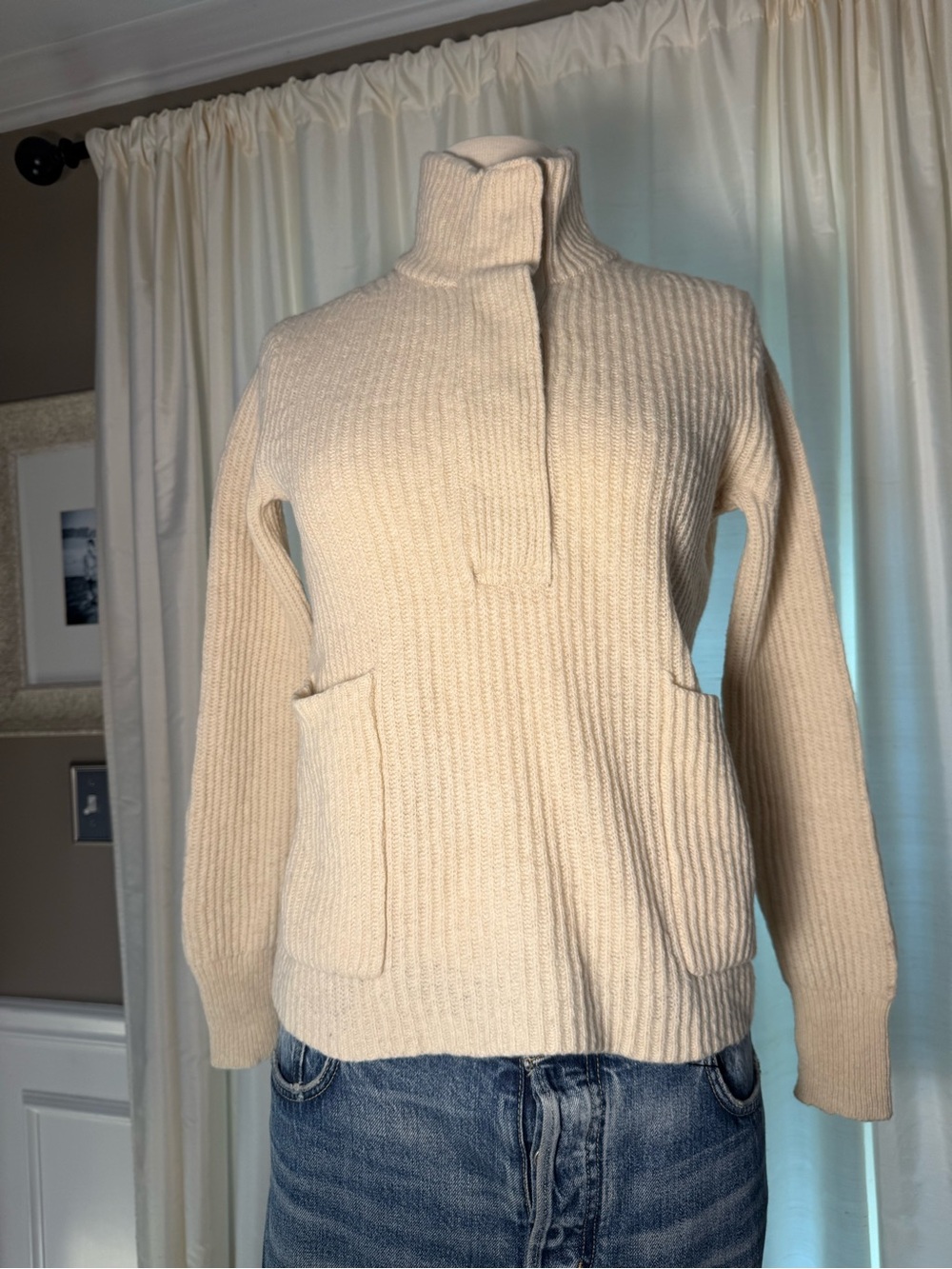 J Crew Lambs Wool Cozy Cream Ribbed Knit Pullover Sweater- Ivory